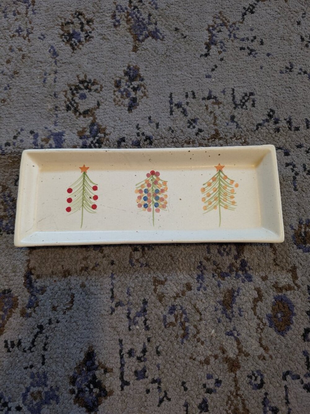 Speckled Hand-Painted Stoneware Platter with‎ Christmas Trees, Multicolor Tray